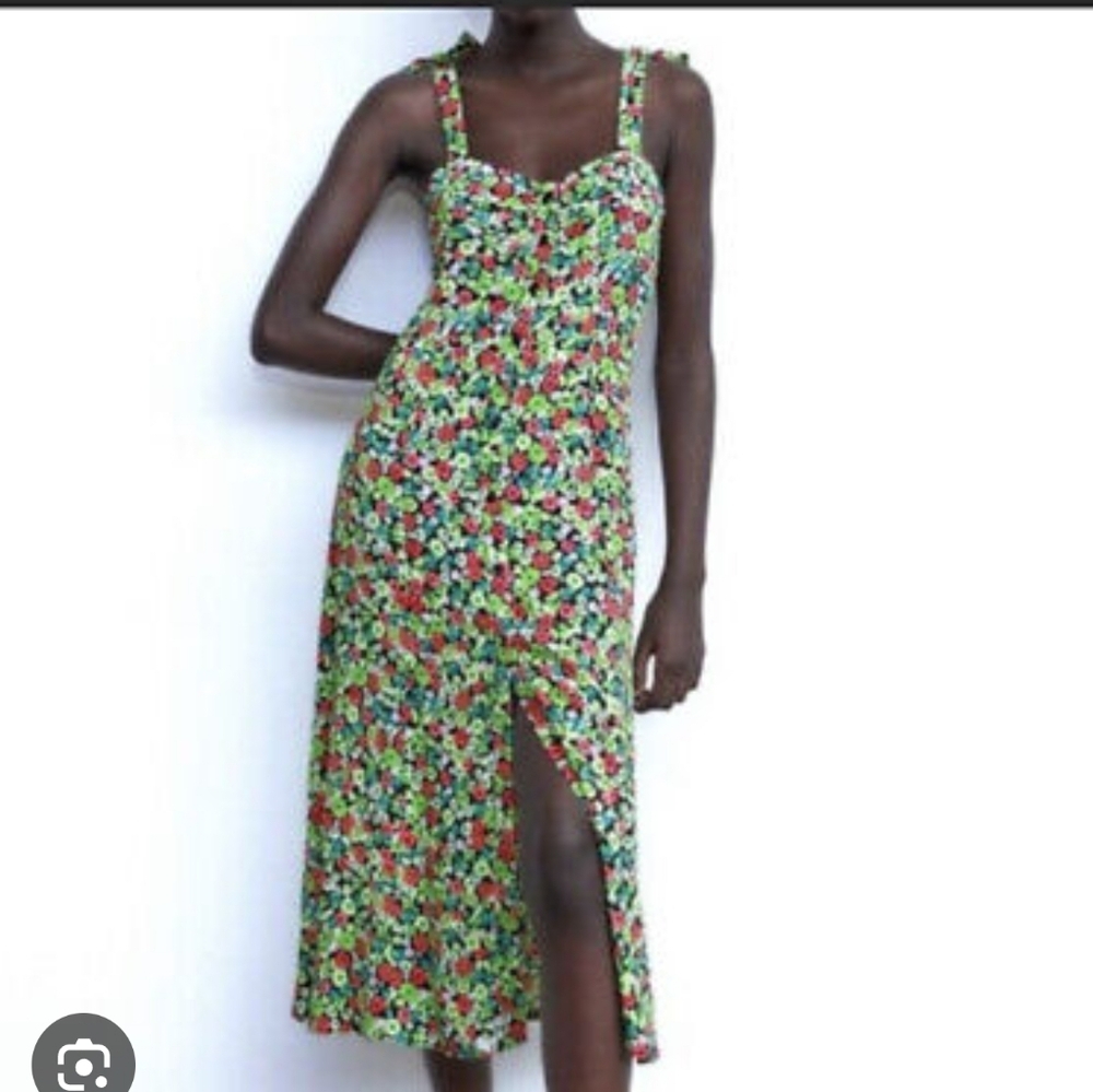 Zara Floral Button Front Midi Dress Green Pink Tie Strap Smocked Back Medium